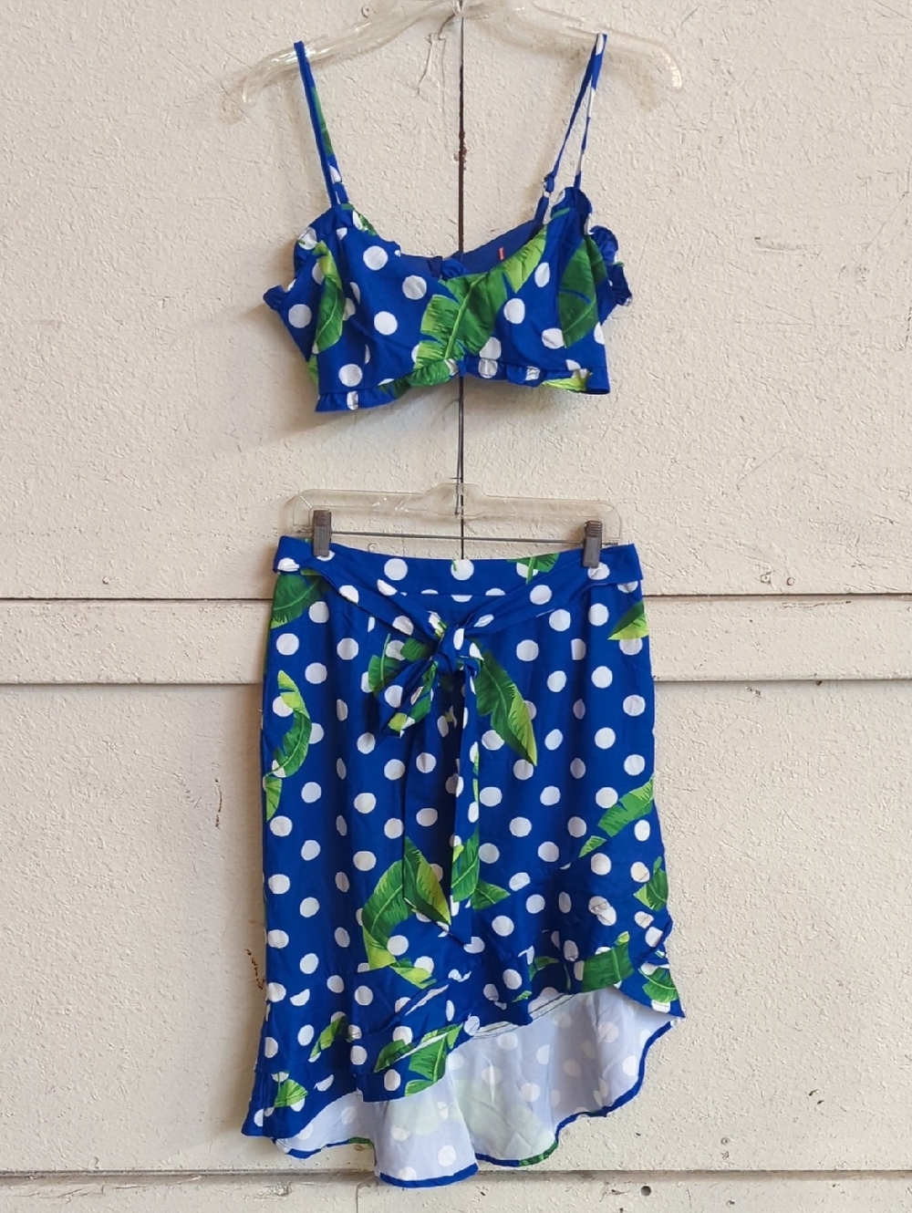 Two Piece Blue Polka Dot & Tropical Leaf Midi Skirt And Crop Top